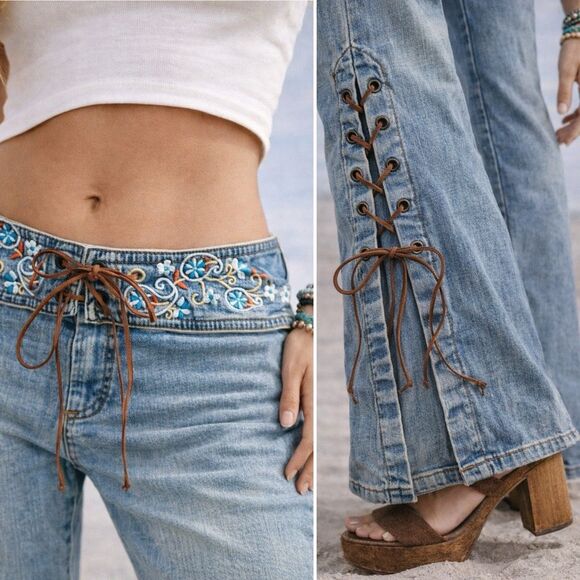 Y2K Hot Kiss Lace-Up Flare Jeans Low Rise Embroidered 3/ XS Boho Festival Bratz - Picture 2 of 16